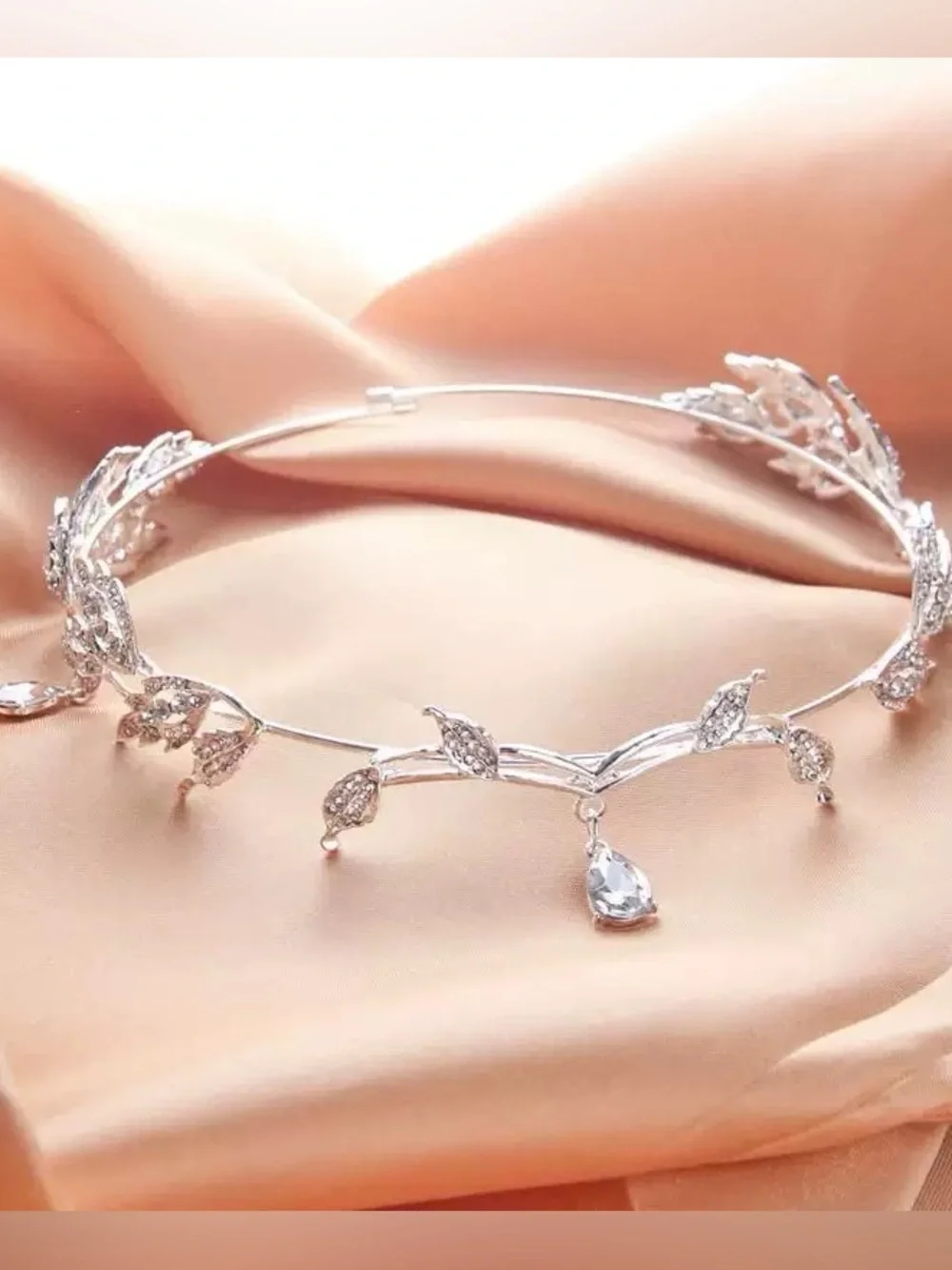 Silver Leaf Crystal Tiara Necklace - Silver